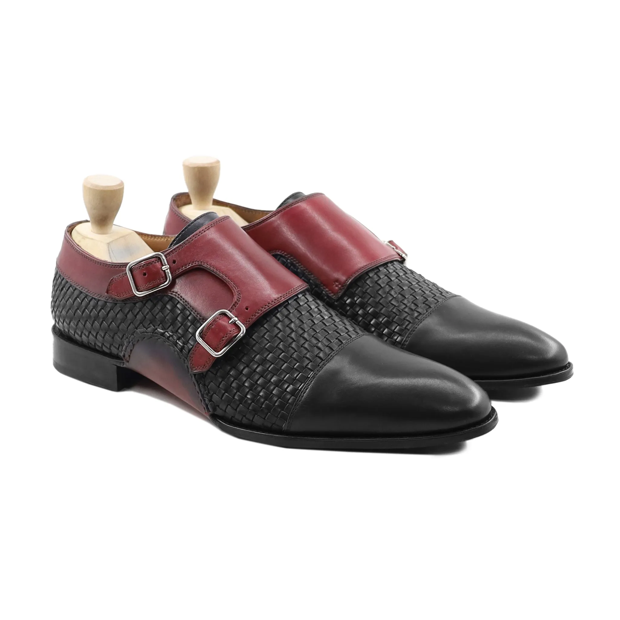 Upplands - Men's Oxblood Calf and Black Hand Woven Calf Double Monkstrap