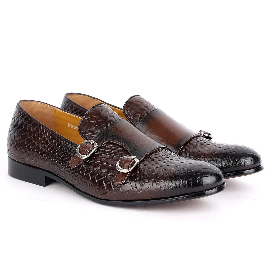 Weston Double Strap Designed Leather  Woven Shoe- Coffee