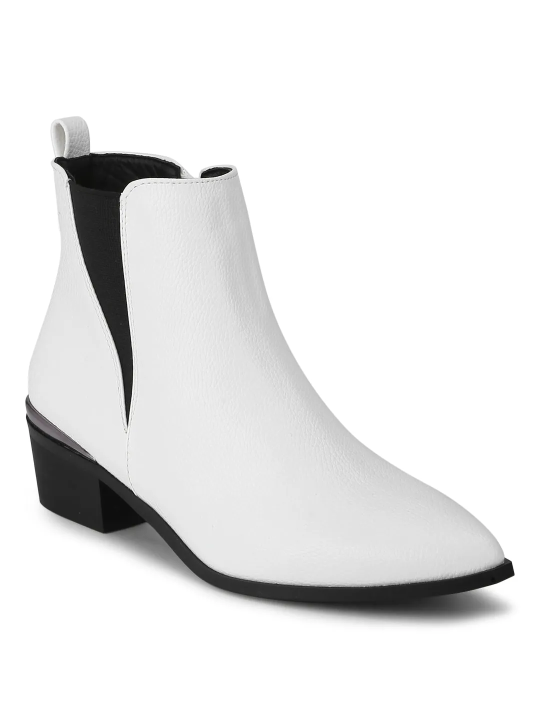 White PU Low Heel Ankle Length Boots