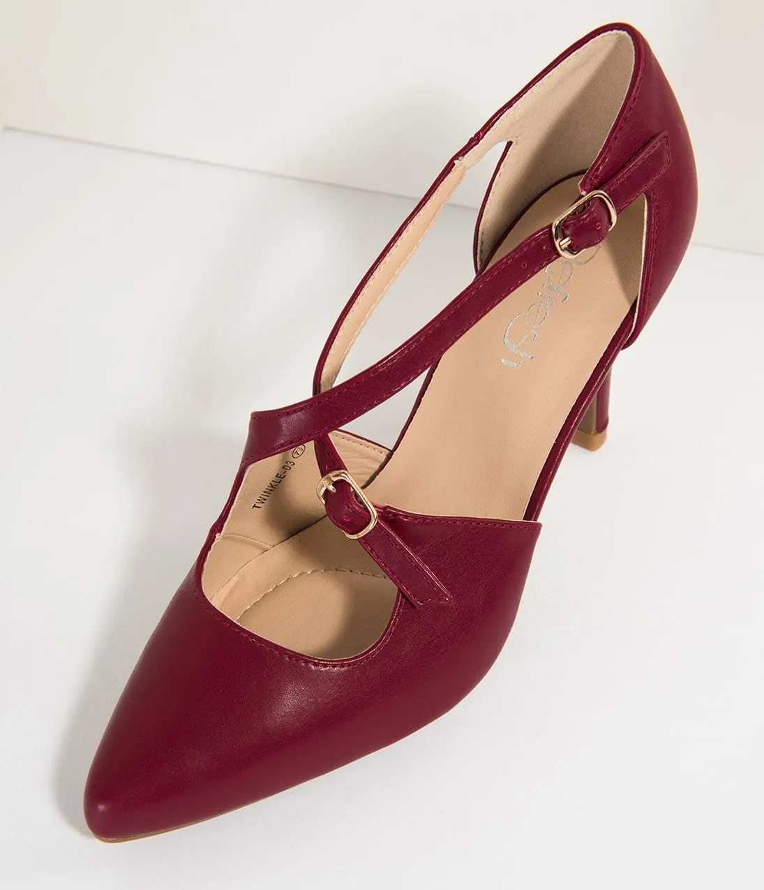 Wine Red Leatherette Cross Strap Pointed Toe Pumps