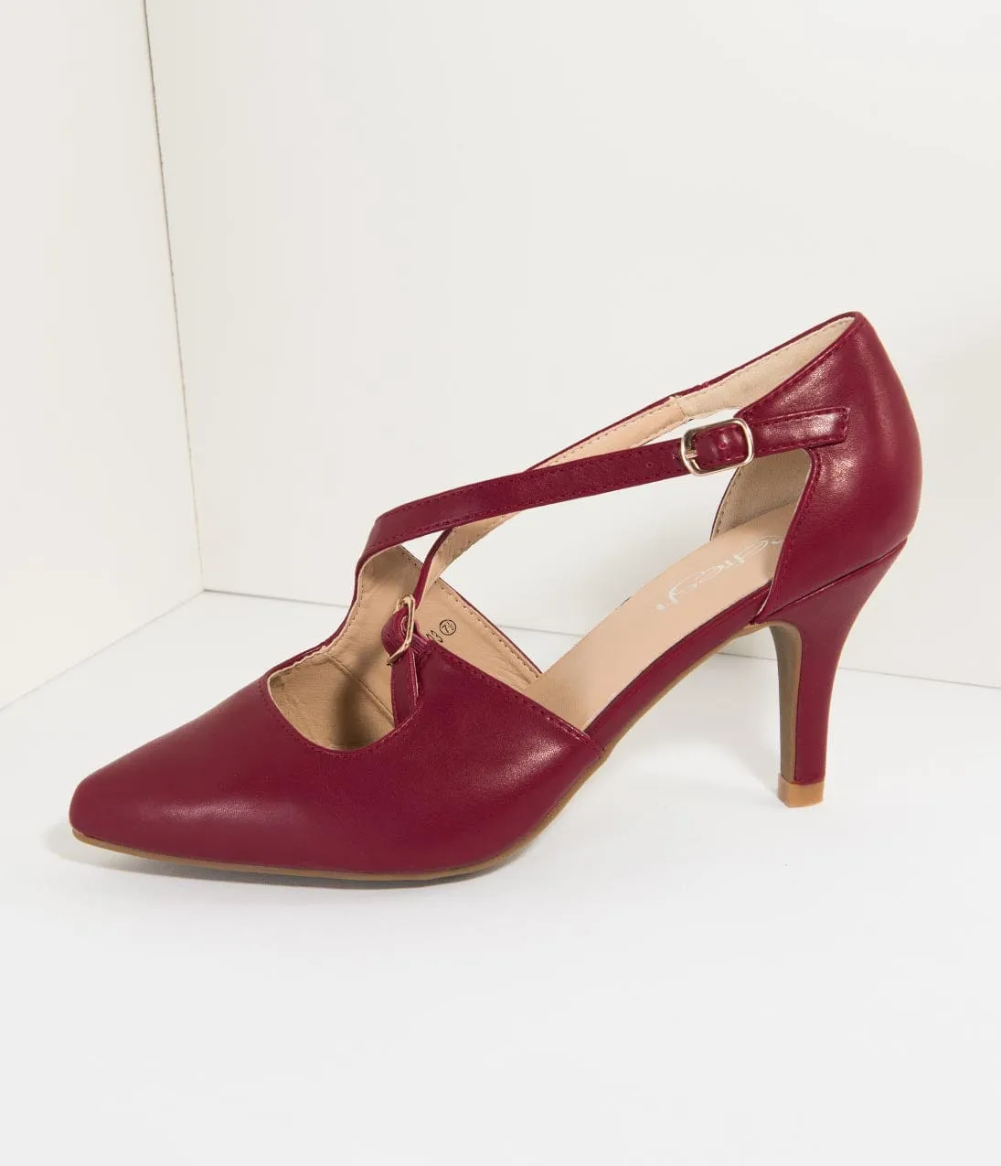 Wine Red Leatherette Cross Strap Pointed Toe Pumps