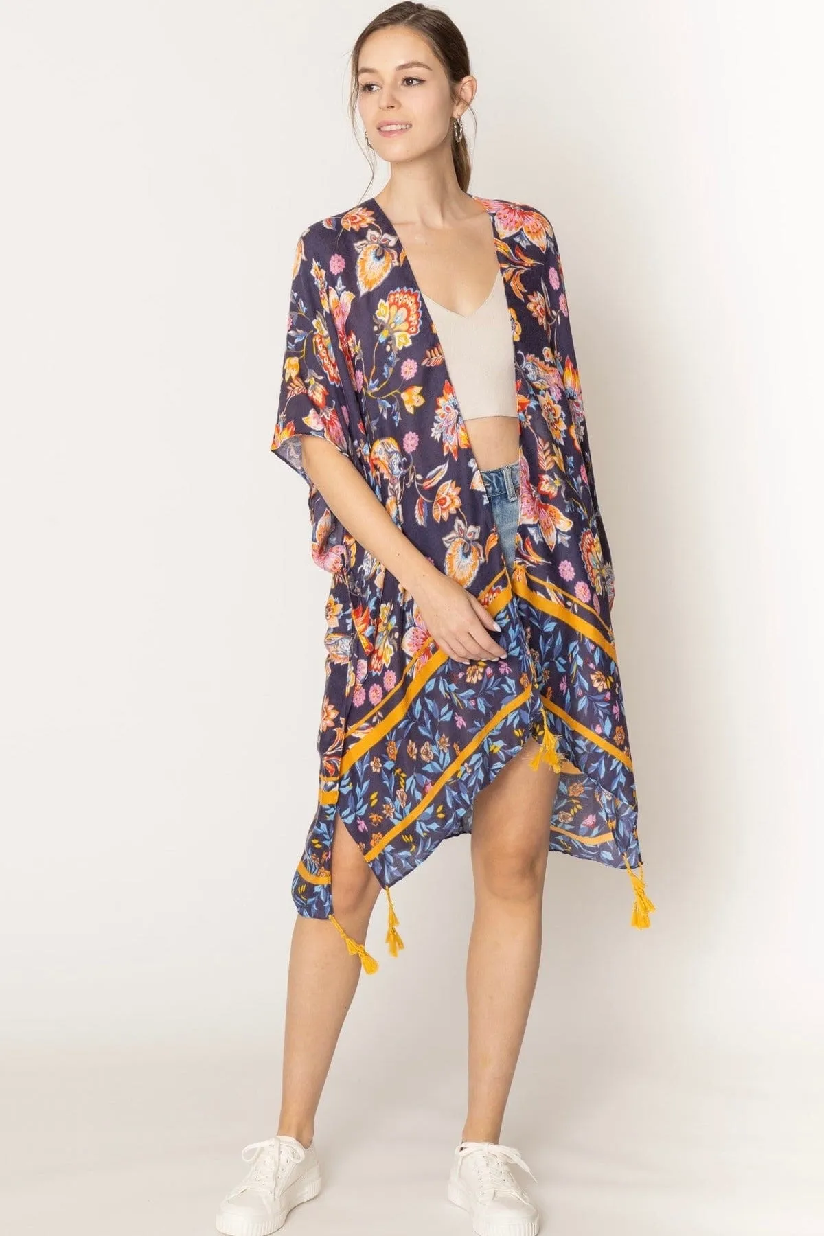 WLK410011 Leilani Floral Print Kimono With Tassels