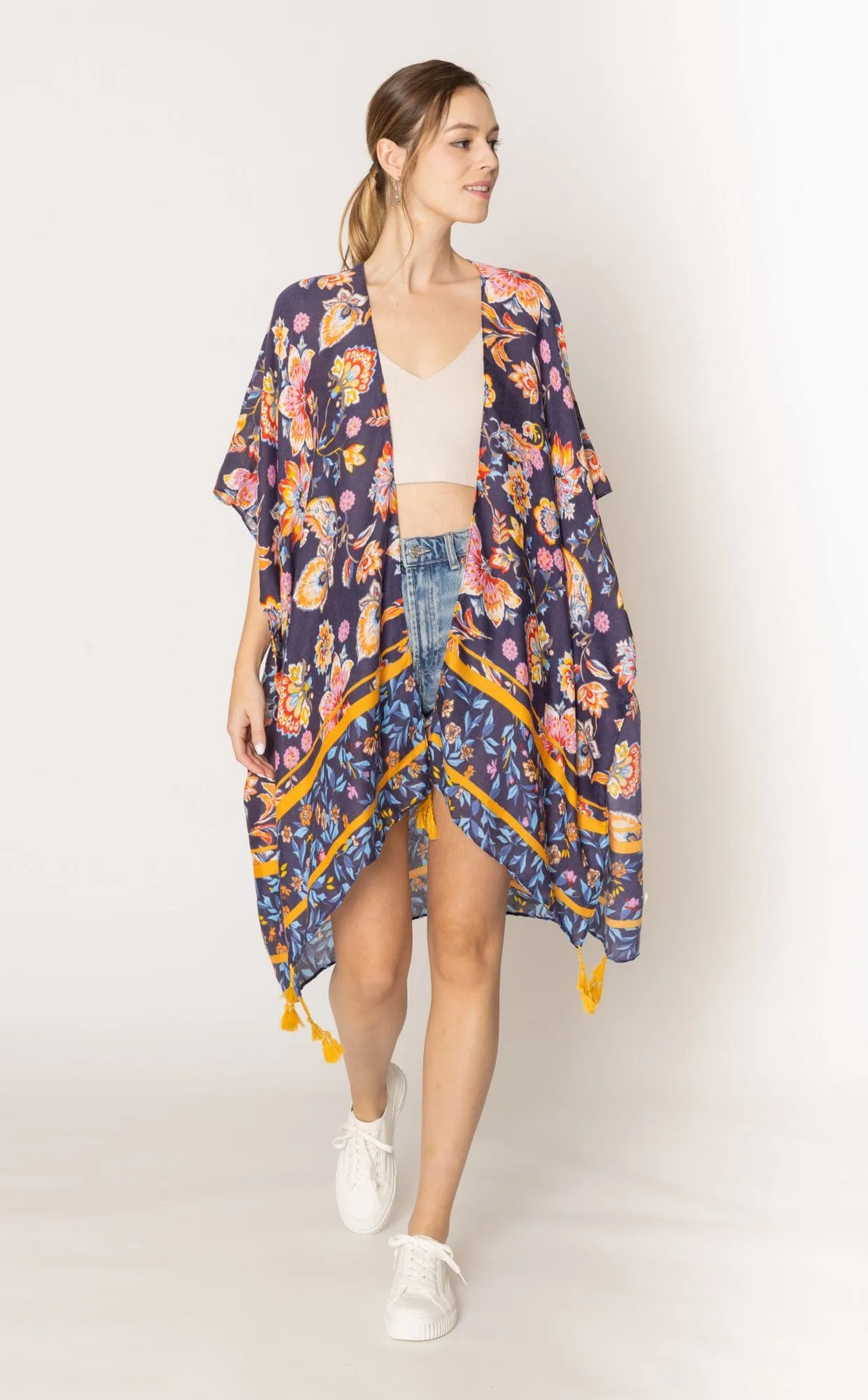 WLK410011 Leilani Floral Print Kimono With Tassels