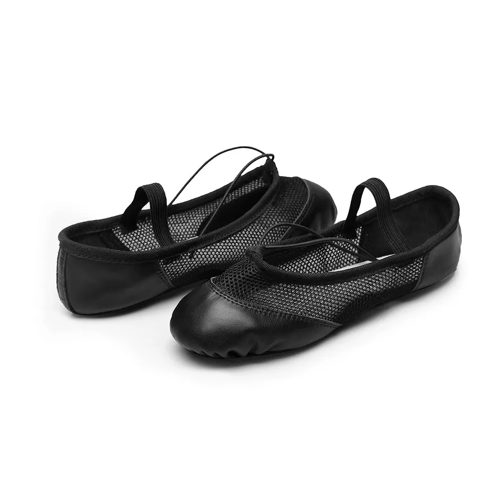 Women Girls Black Leather with Net Ballet Shoes