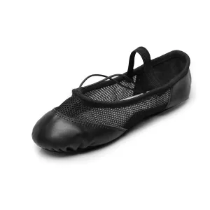 Women Girls Black Leather with Net Ballet Shoes