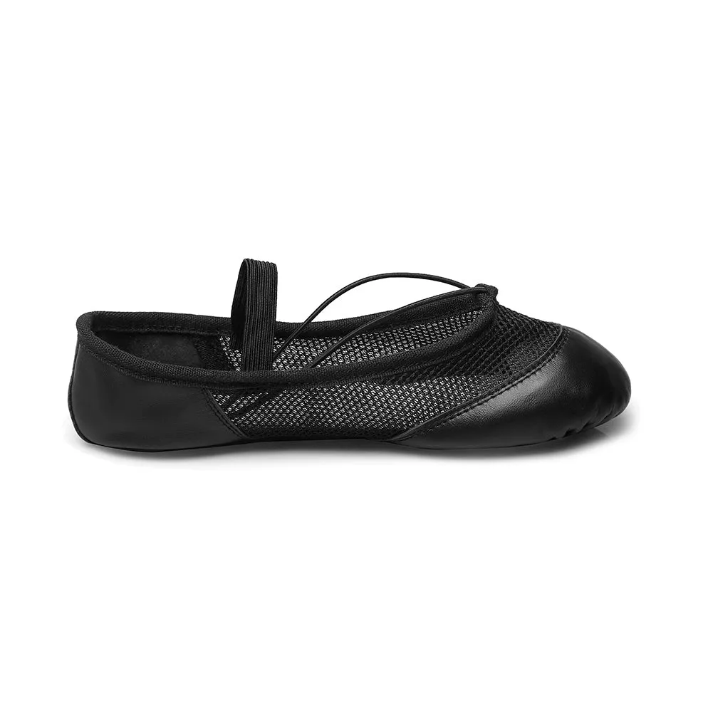 Women Girls Black Leather with Net Ballet Shoes