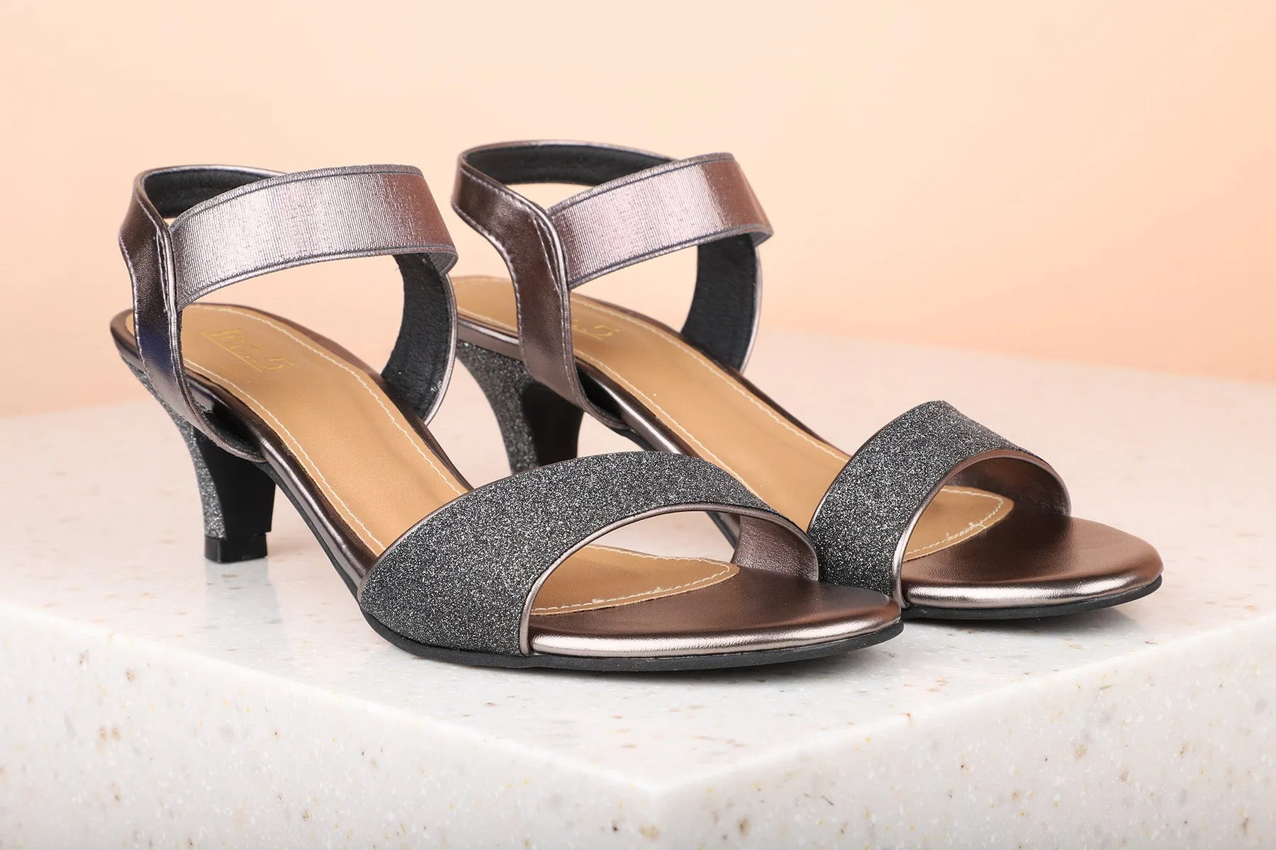 Women Gun Metal Toned Kitten Sandals