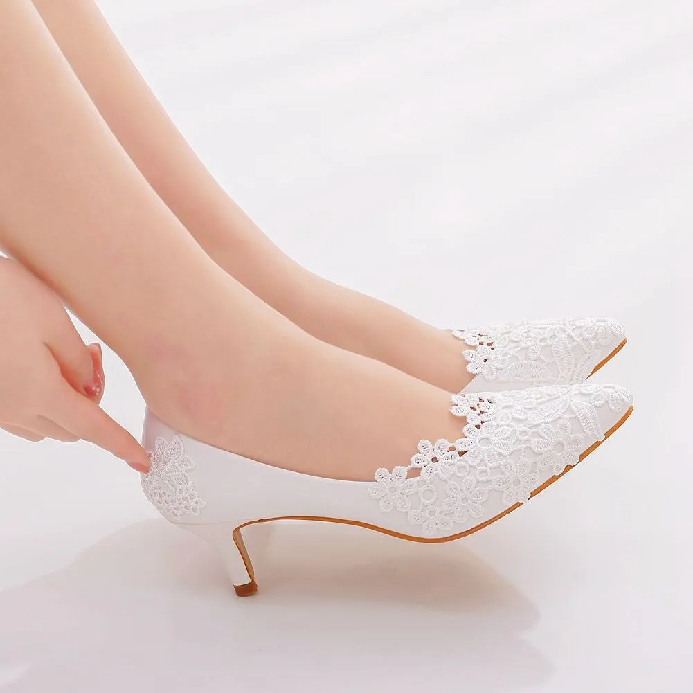 Women kitten white lace flower pointed toe wedding heels