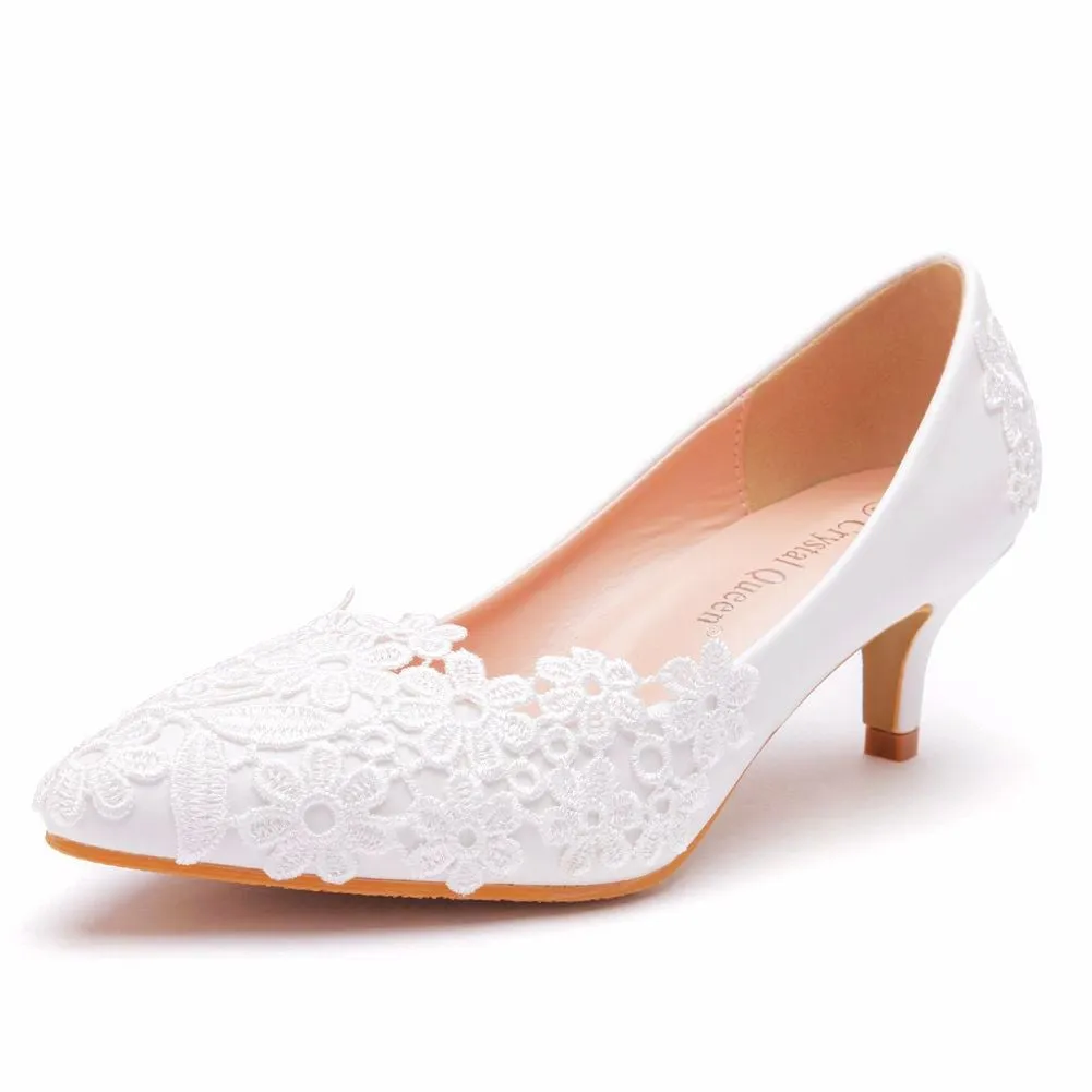 Women kitten white lace flower pointed toe wedding heels