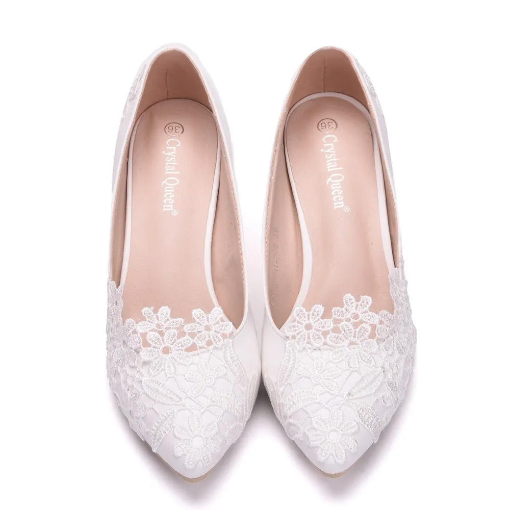 Women kitten white lace flower pointed toe wedding heels