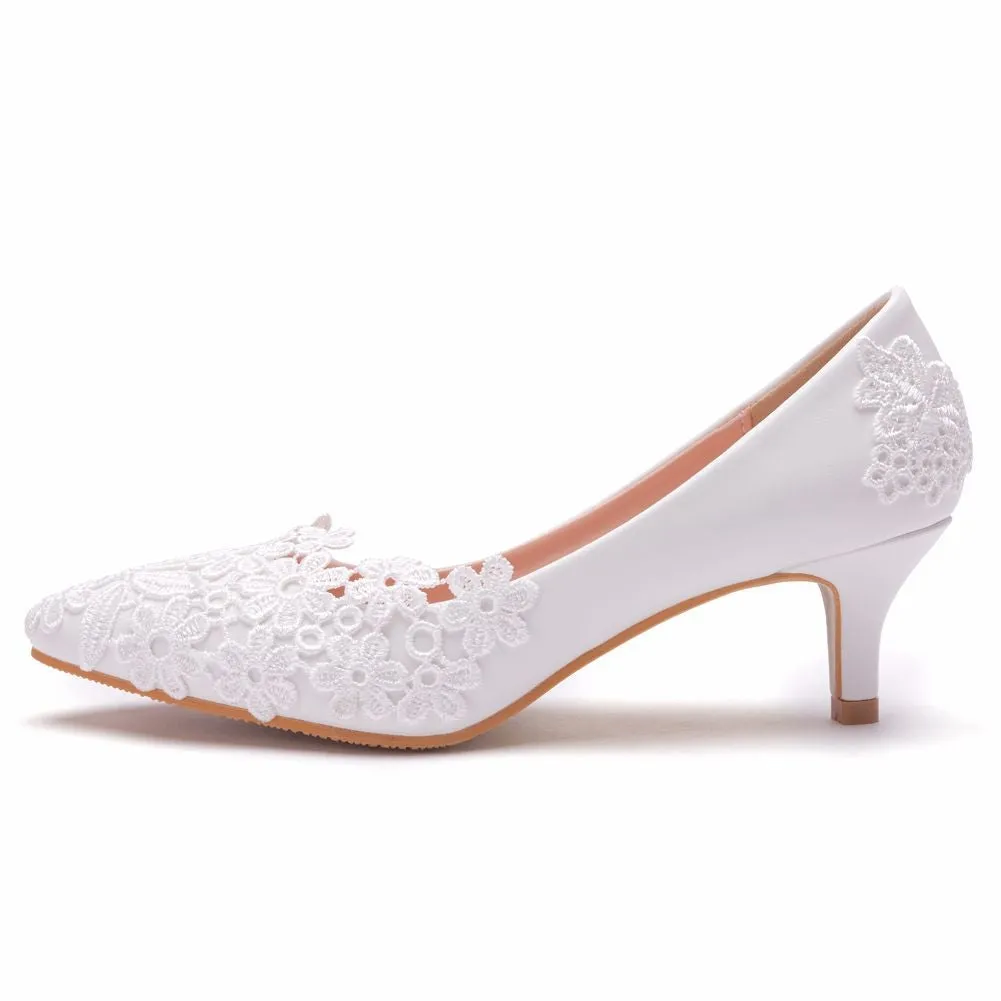 Women kitten white lace flower pointed toe wedding heels