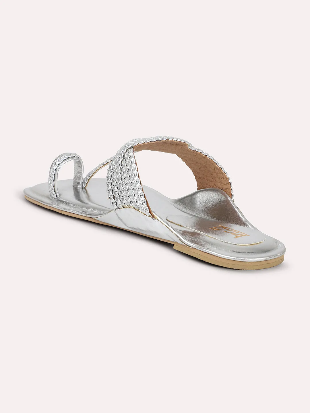 Women Silver Woven Design One Toe Flats