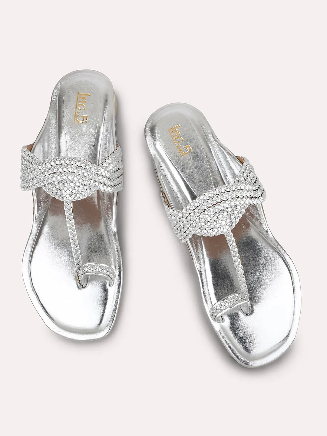 Women Silver Woven Design One Toe Flats