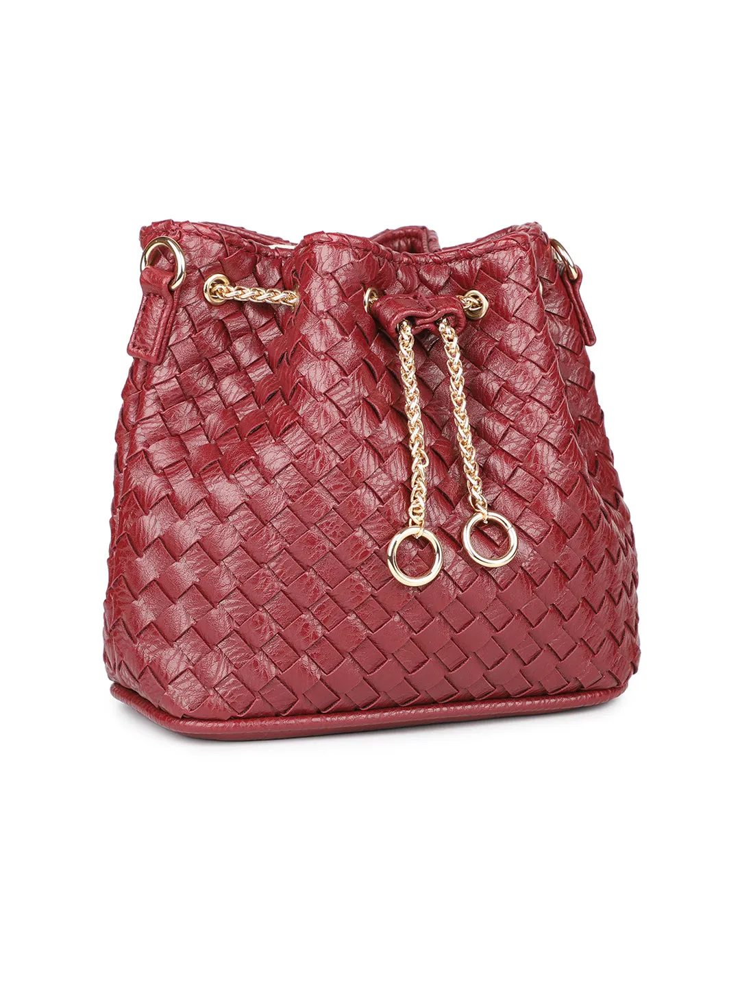 Women Wine Red Woven Design Structured Potli Clutch