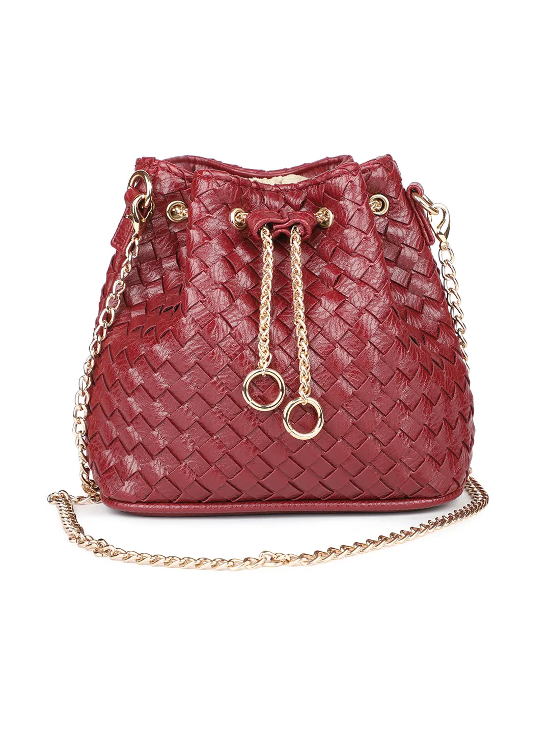 Women Wine Red Woven Design Structured Potli Clutch