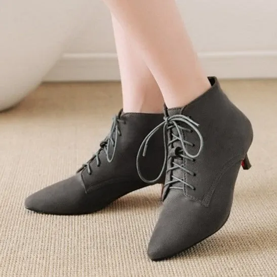 Women's England style elegant kitten heels booties faux suede lace-up oxfords dressy ankle boots