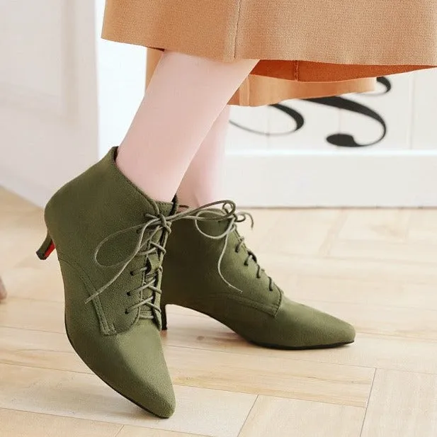 Women's England style elegant kitten heels booties faux suede lace-up oxfords dressy ankle boots