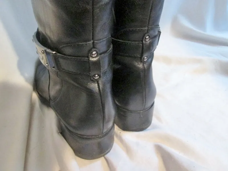 Womens ETIENNE AIGNER CRETE Leather Knee High Stud Boots BLACK 9.5 Rocker Rider