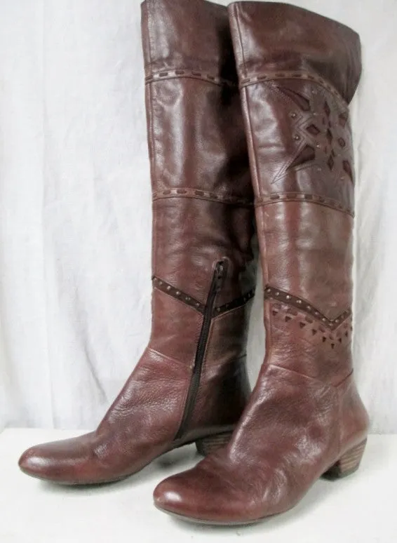 Womens NINE WEST Leather Riding Cut Out Stud Boot Shoe 7.5 BROWN Boho Indie