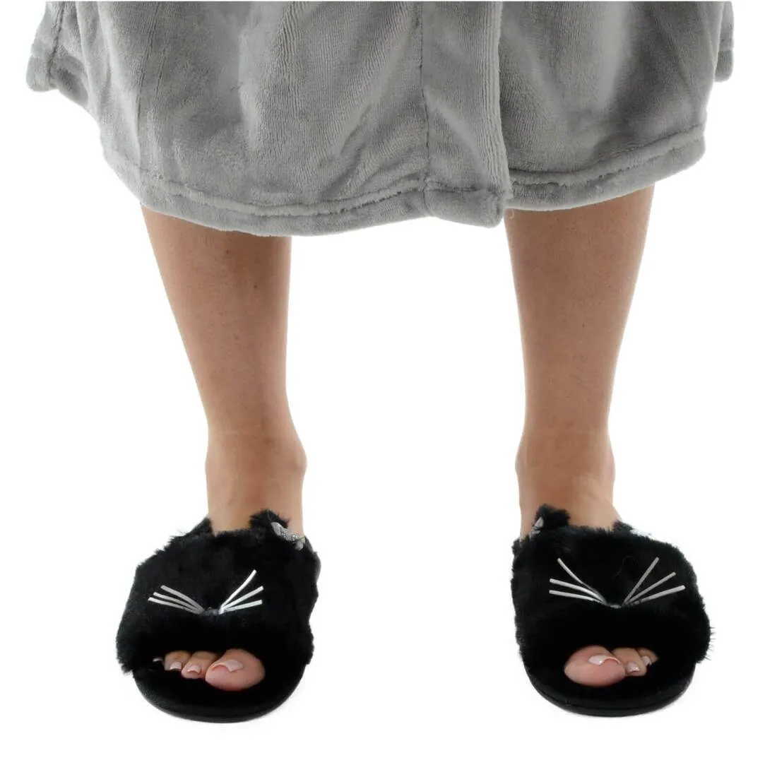 Womens Sliders Kitty Cat Faux Fur Slippers Non-Slip