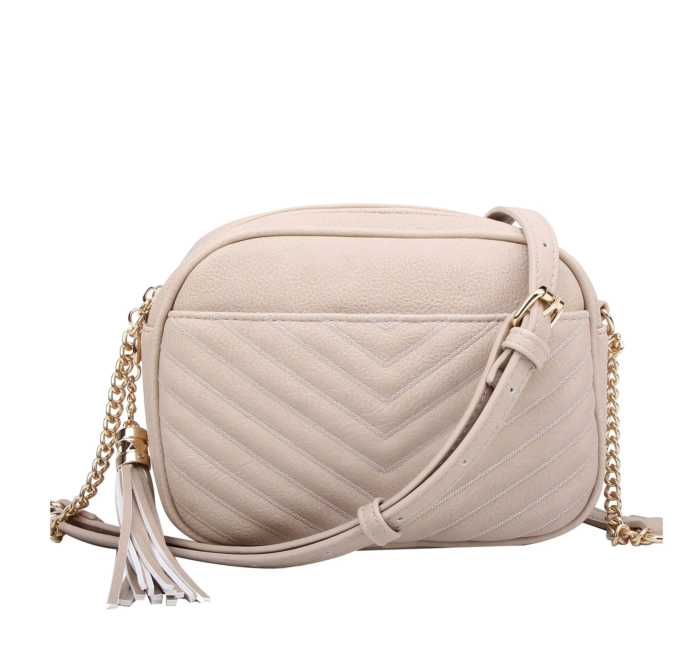 WU121 Veronica Double Zipper V Pattern Stitch Tassel Crossbody Bag