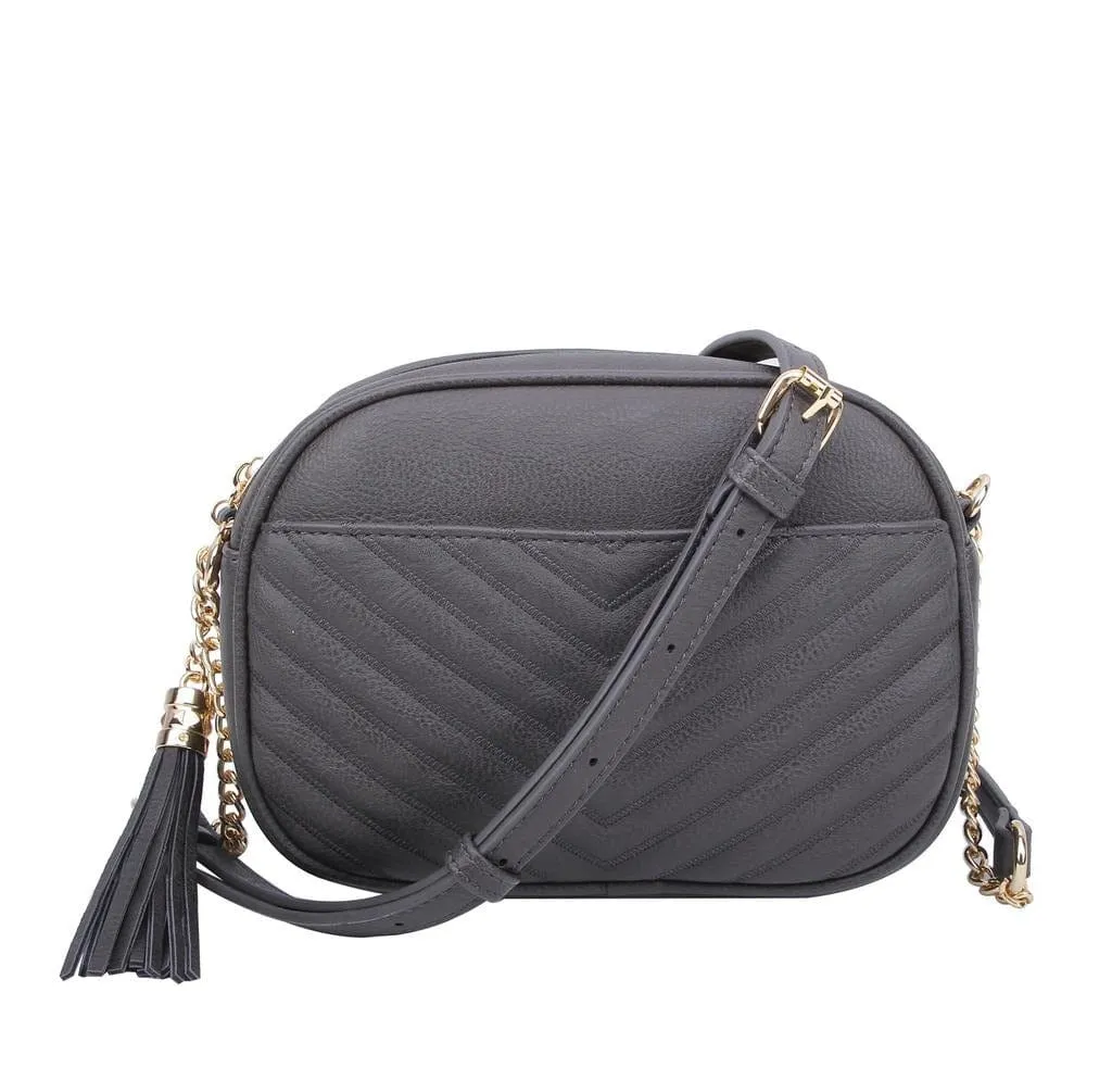 WU121 Veronica Double Zipper V Pattern Stitch Tassel Crossbody Bag