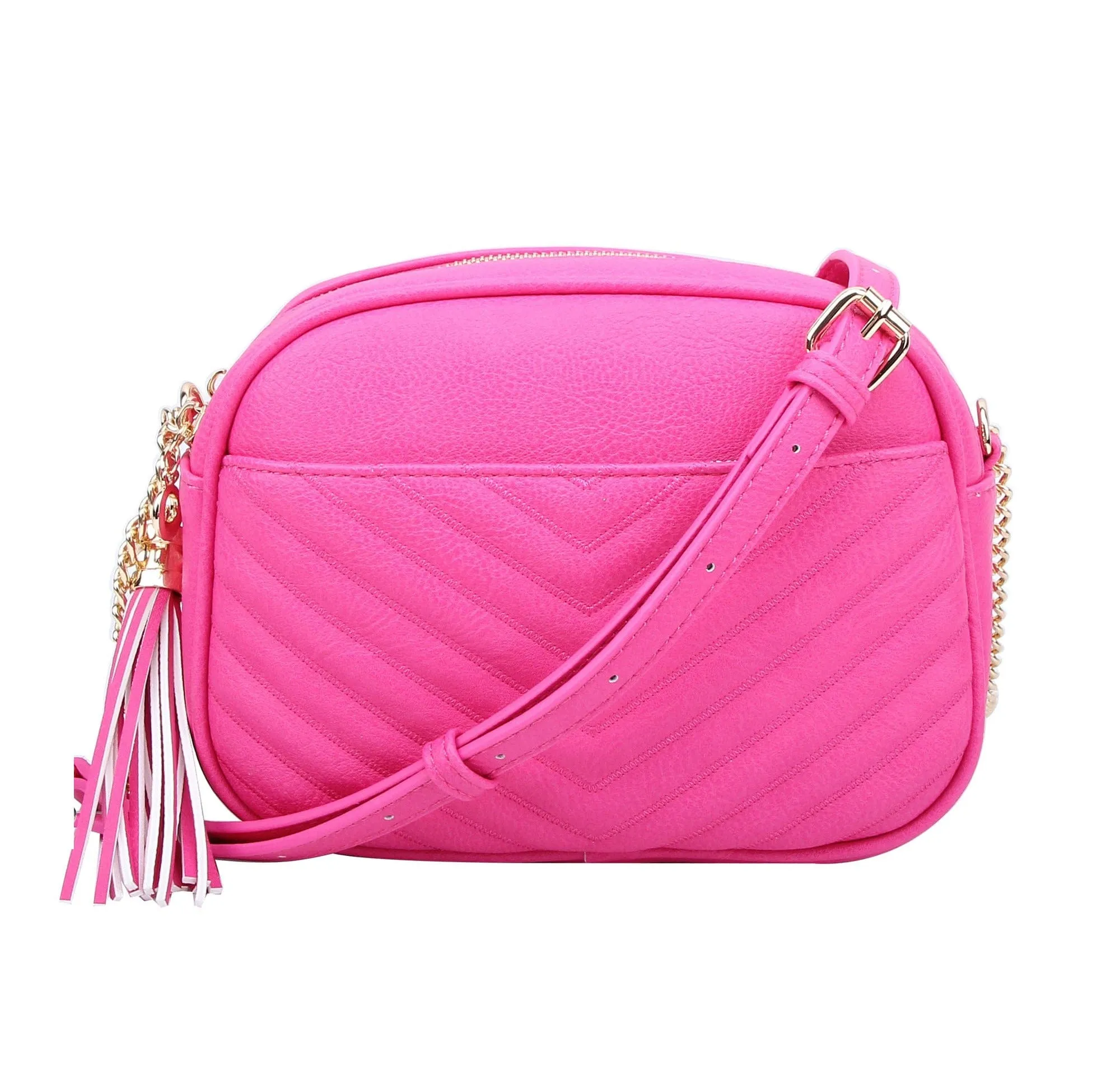 WU121 Veronica Double Zipper V Pattern Stitch Tassel Crossbody Bag