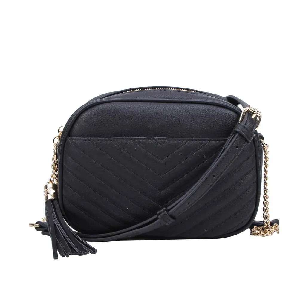 WU121 Veronica Double Zipper V Pattern Stitch Tassel Crossbody Bag