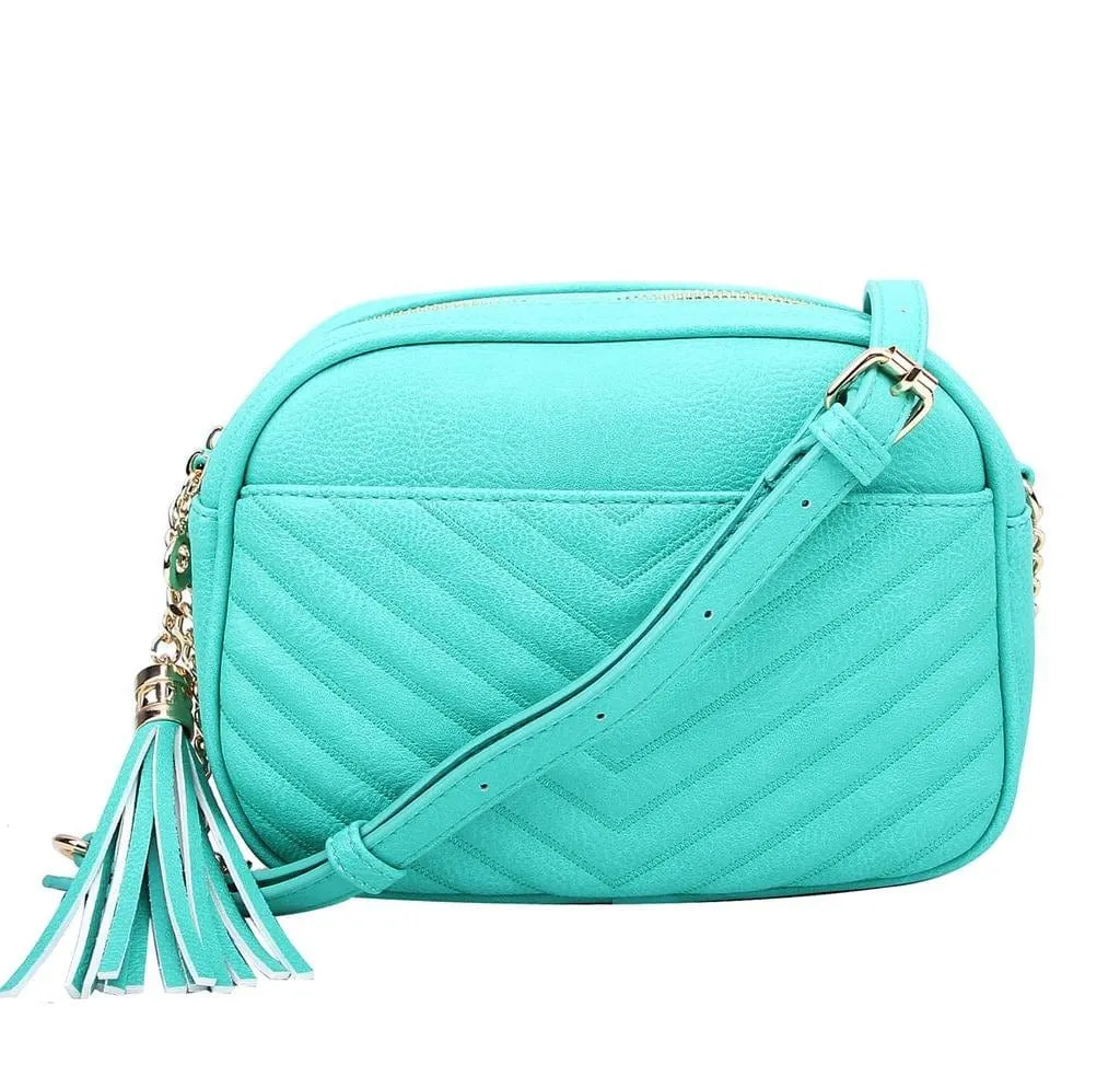 WU121 Veronica Double Zipper V Pattern Stitch Tassel Crossbody Bag