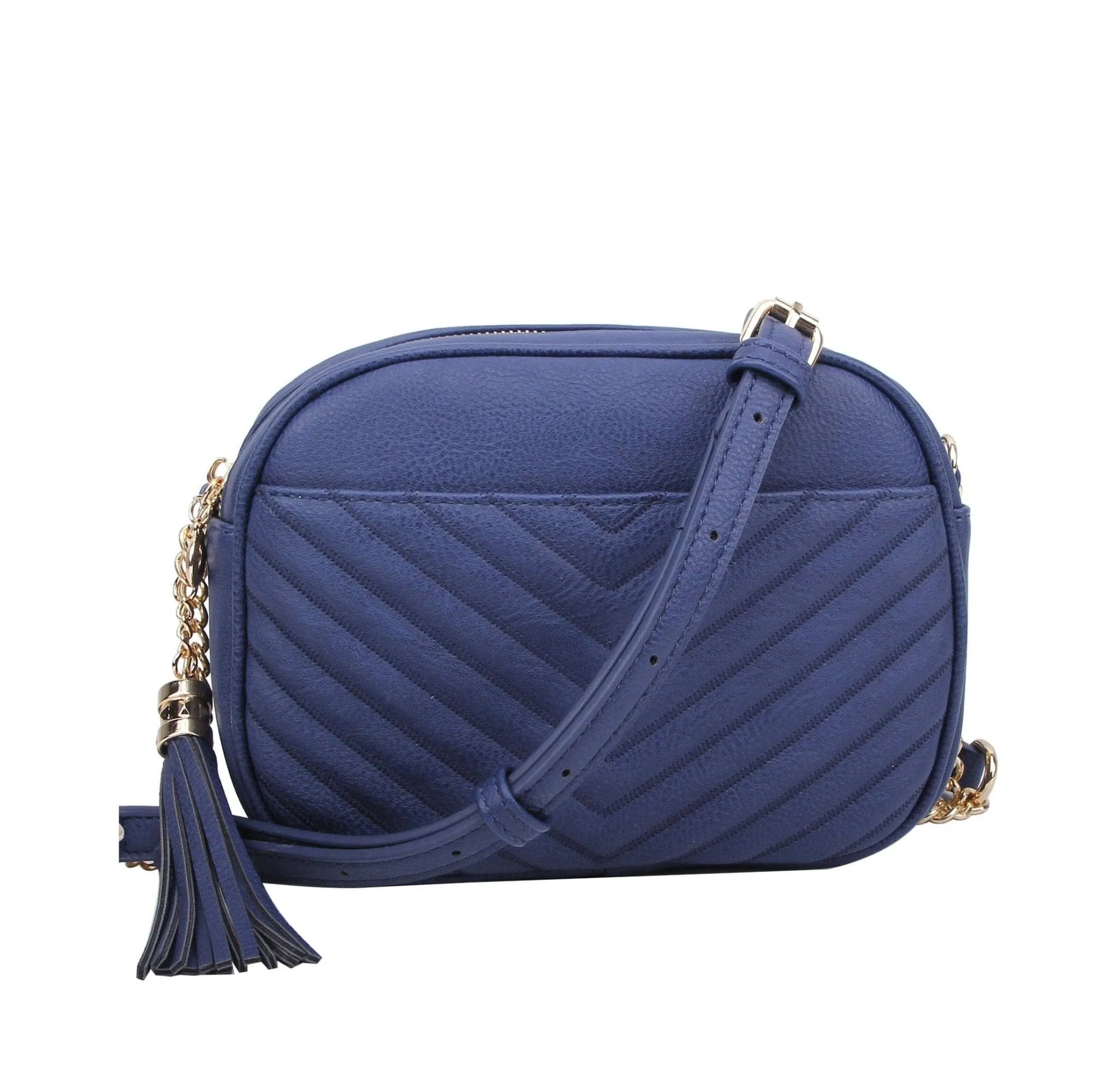 WU121 Veronica Double Zipper V Pattern Stitch Tassel Crossbody Bag