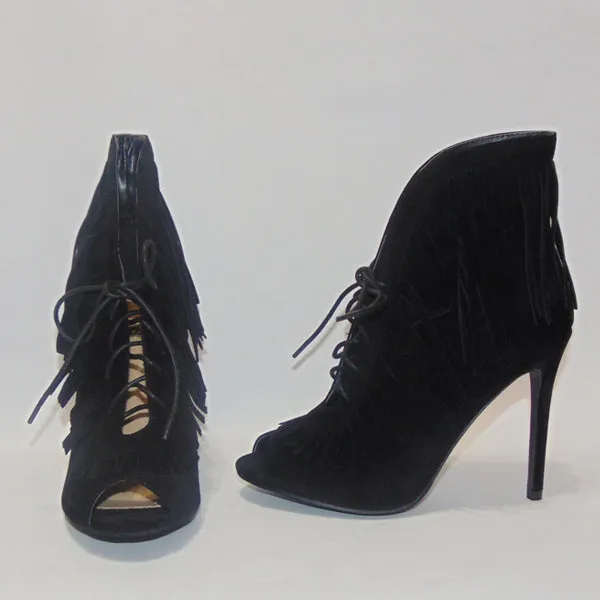 Yoki Black Faux Suede Lace Up Fringe Peep Toe Booties