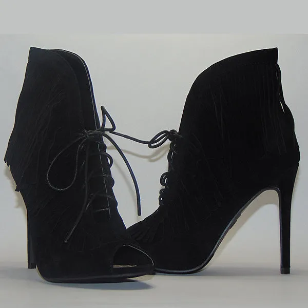 Yoki Black Faux Suede Lace Up Fringe Peep Toe Booties